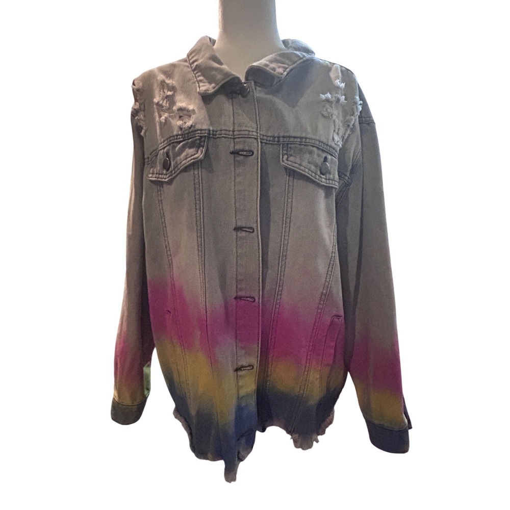 Touch Me Denim Jacket Womens 1XL Light Wash‎ Rainbow Ombre Distressed Excellent